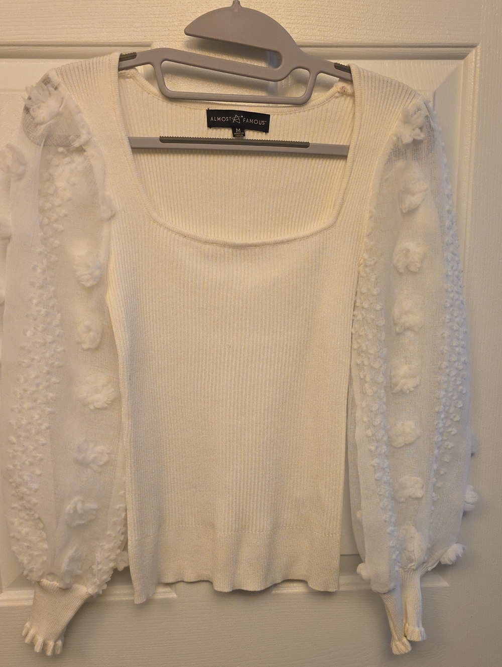 Almost Famous Cream Pom-Pom Sleeve Square Neck Sweater